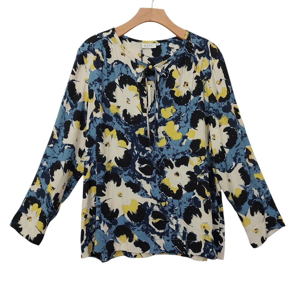Masai Copenhagen Denvira Top Womens Medium Blue Flowy Floral Artsy Boho Peasant